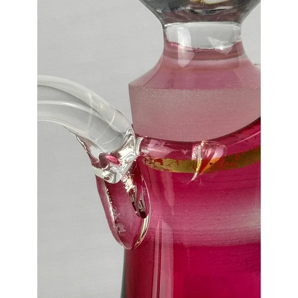 Vintage Mary Gregory Style Cranberry Glass Decanter Pink Enamel Girl 7.5in Good
